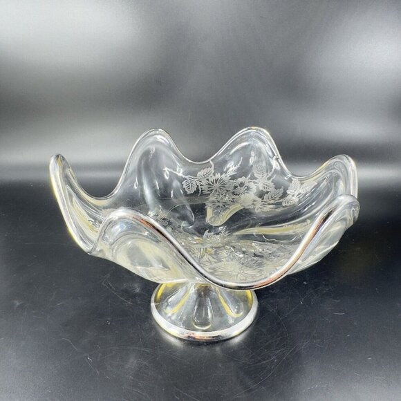 Vintage Viking Clear Footed Dish Bowl With Silver Overlay Flowers Pattern VTG - Picture 11 of 14